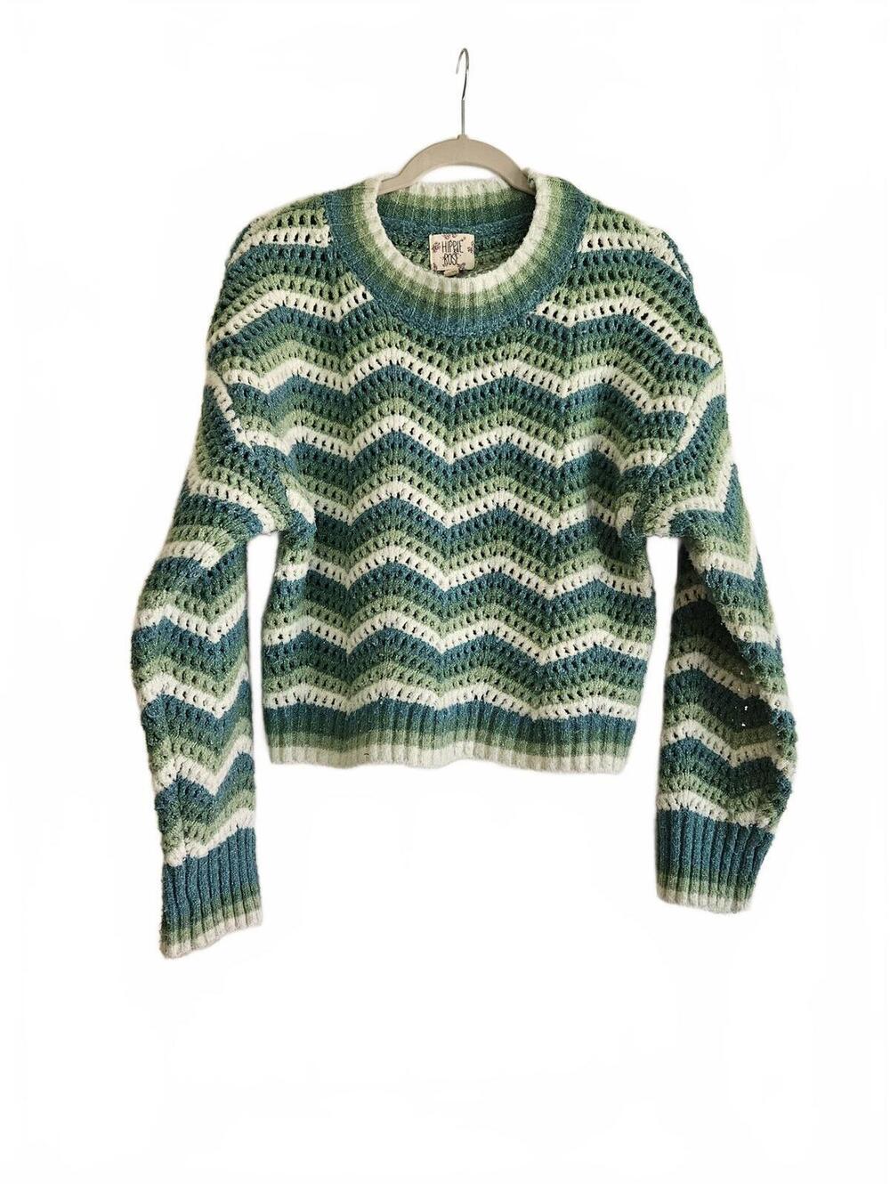 Hippie Rose Women's Medium Green and White Crochet Knit Sweater